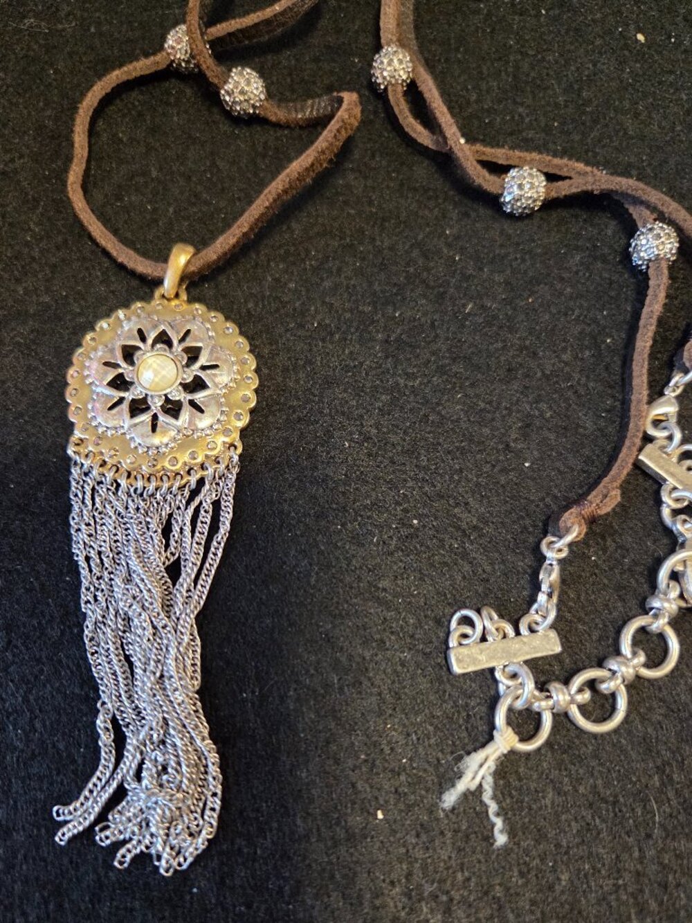 Vintage Silver and Gold Tone and  Rhinestones Fringed 26 Inch Pendant Necklace